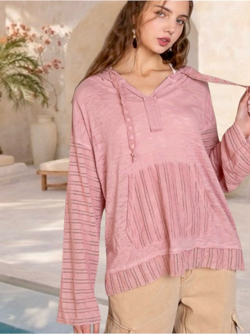 POL Mauve Pink Lightweight Knit Hoodie Boho Beach Cover Up Resort Top - Picture 4 of 5
